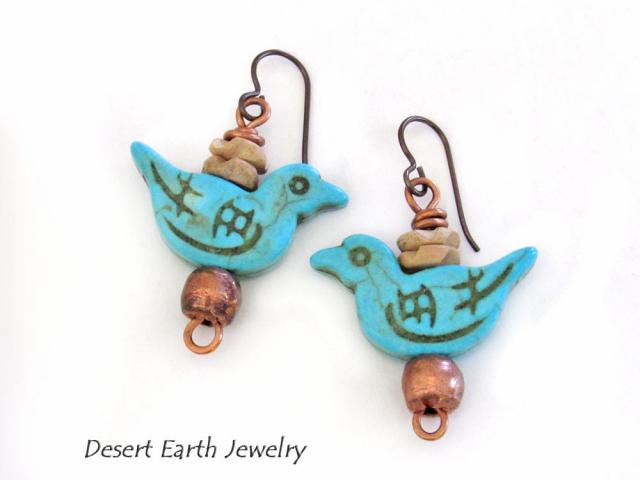 Blue Bird Earrings with Turquoise Magnesite & Copper Beads - Birdwatcher / Bird Lover Gifts