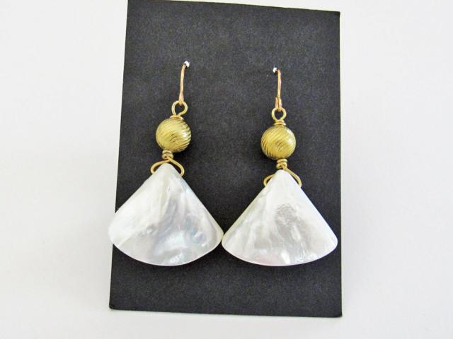 Mother of Pearl Dangle Earrings with Gold Brass Beads - June Birthstone Jewelry