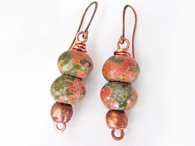 Unakite Stone Earrings with Copper Beads - Handmade Earthy Natural Stone Jewelry