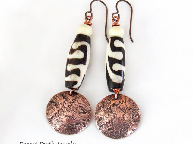 Copper Dangle Earrings with African Batik Bone Beads - Handmade Ethnic Boho Tribal Jewelry