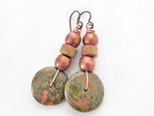 Unakite Gemstone Earrings with Copper Beads - Earthy Boho Style Natural Stone Jewelry