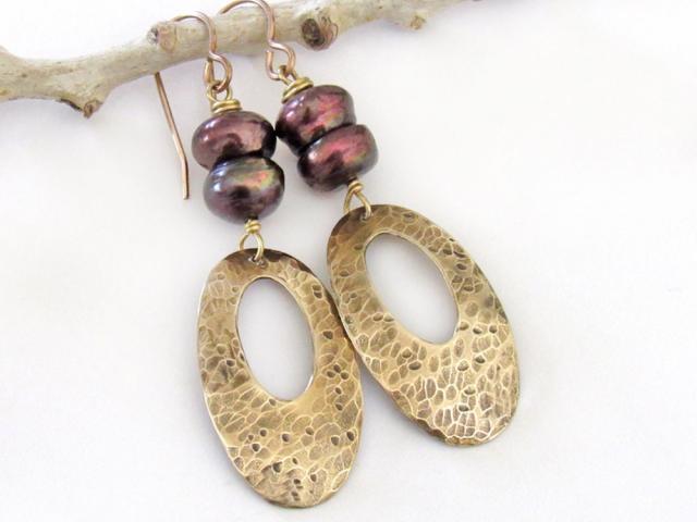 Hammered Gold Brass Oval Dangle Earrings with Bronze Pearls