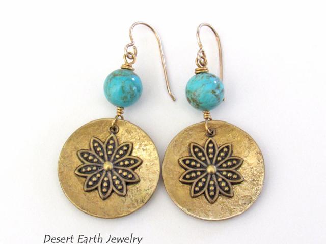 Gold Brass Dangle Earrings with Blue Turquoise Beads & Flower Charms - Gifts for Nature Lovers