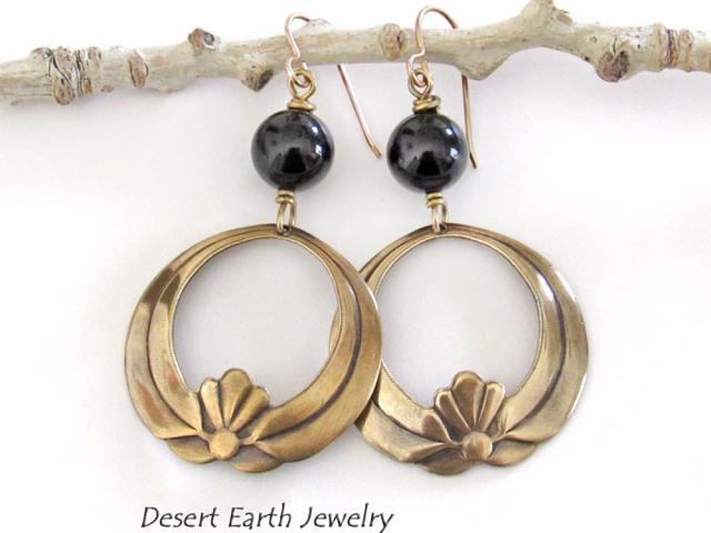 Gold Brass Lotus Dangle Earrings with Black Onyx Gemstones