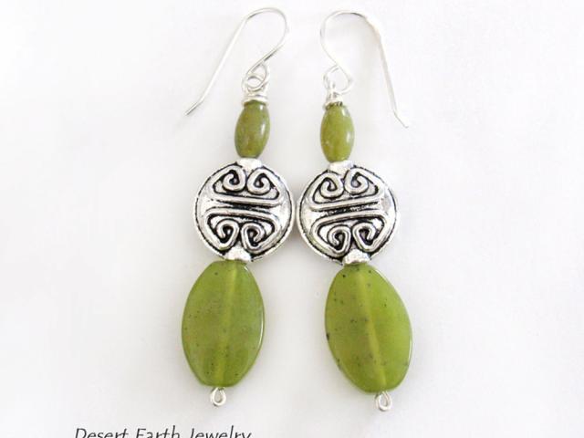 Green Serpentine Earrings with Pewter Beads on Sterling Silver Ear Wires - Artisan Handmade Stone Jewelry