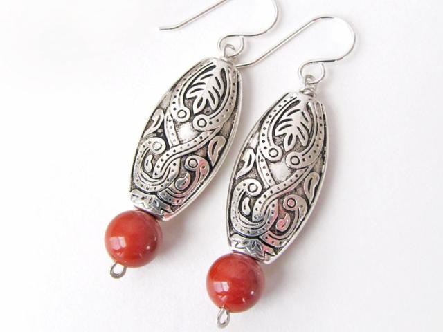 Moroccan Boho Silver Earrings with Red Jasper Gemstones - Ethnic Style Bohemian Jewelry