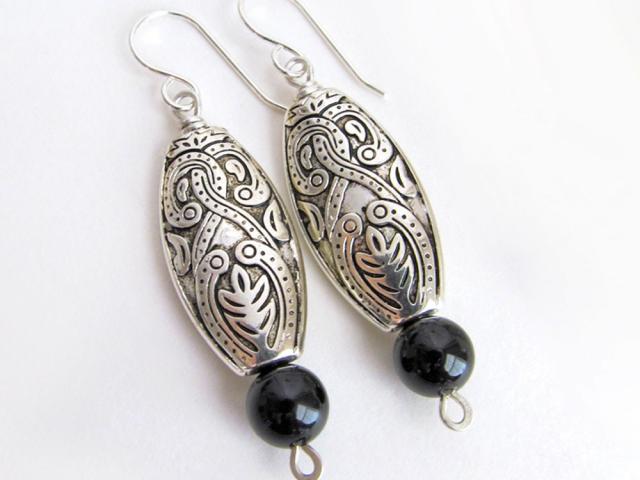 Bohemian Moroccan Silver Dangle Earrings with Black Onyx Gemstones