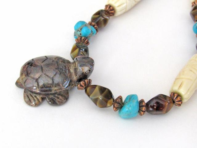 Tiger's Eye Turtle Necklace with Turquoise & Carved Bone - Multi Stone Beaded Statement Necklace