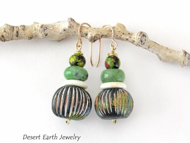 Carved African Clay Earrings with Green Serpentine Gemstones - Earthy Boho Style Handmade Jewelry