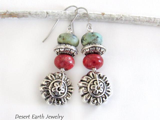 Silver Flower Earrings with African Turquoise & Red Coral - Boho Style Nature Jewelry