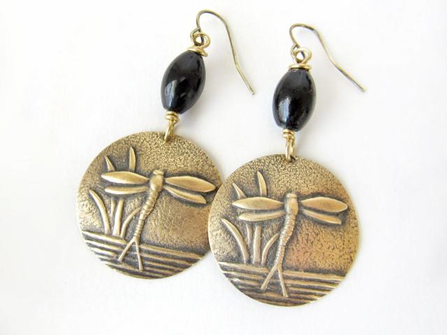 Gold Brass Dragonfly Earrings with Black Beads - Earthy Nature Jewelry Gifts