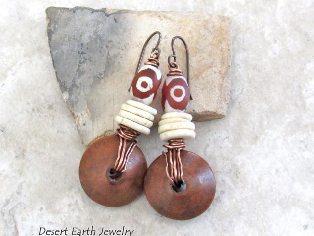 Etched Tibetan Agate Stone Earrings with Copper Wire Wrapped Brown Wood Dangles