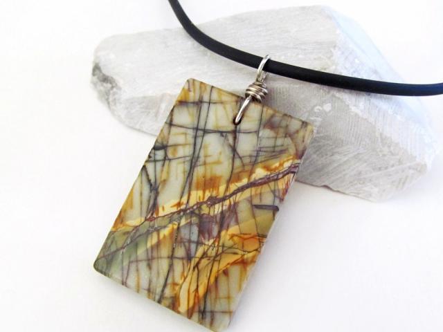 Picasso Jasper Stone Slab Pendant Necklace in Earth Tone Colors - Natural Earthy Unisex Jewelry for Men / Women