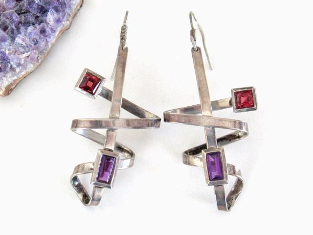 Abstract Sterling Silver Earrings with Purple & Ruby Colored Glass Cabochons - Vintage Avant Garde Jewelry