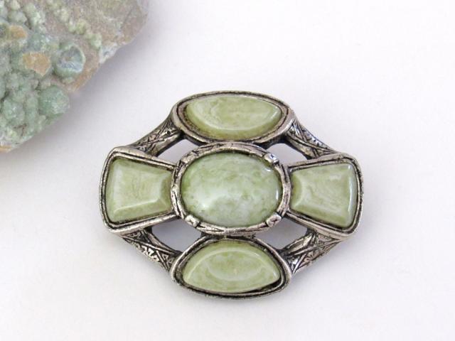 Vintage Silver Tone Pin Brooch with Faux Green Stones - Art Deco Style Costume Jewelry - Sweater / Scarf Pin