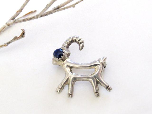 Sterling Silver Antelope Reindeer Pin with Blue Lapis Stone - Cute Whimsical Animal Lover Jewelry Gifts
