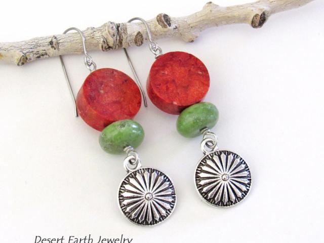 Silver Concho Dangle Earrings with Red Coral & Green Serpentine Stones - Colorful Boho Southwestern Jewelry