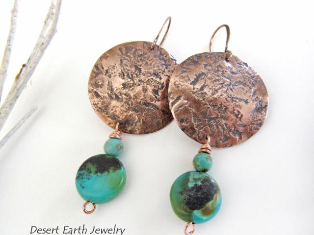 Hammered Copper Earrings with Natural Turquoise Stone Dangles - Artisan Handmade Rustic Earthy Jewelry
