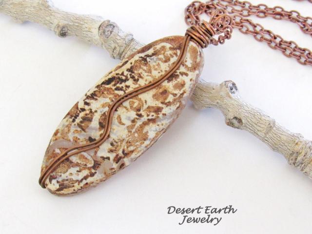 Rusty Brown Agate Stone Necklace with Copper Chain - Earthy Rustic Wire Wrapped Natural Stone Jewelry for Men / Women