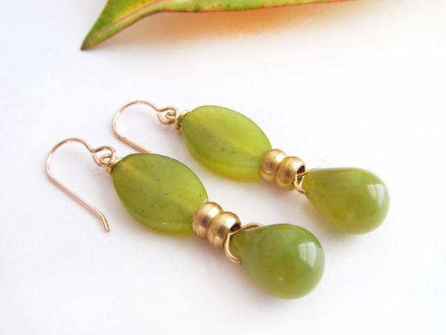 Green Olive Jade Drop Earrings - Modern Gemstone Jewelry