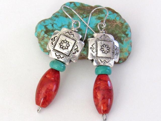 Southwest Silver Tribal Cross Earrings with Turquoise & Red Coral - Native Style Southwestern Jewelry
