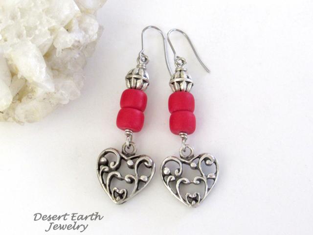 Silver Tone Pewter Filigree Heart Earrings with Red Glass Beads - Valentine's Day Jewelry