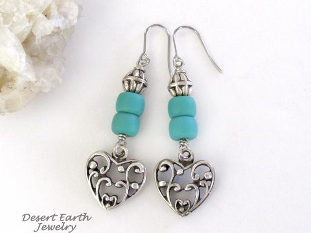 Silver Tone Pewter Filigree Heart Earrings with Turquoise Colored Beads - Valentine's Day Jewelry 