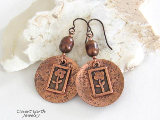 Copper Earrings with Flower Charms & Bronze Freshwater Pearls - Botanical Floral Nature Lover Jewelry Gift