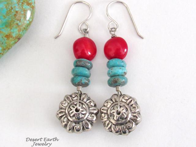 Turquoise & Red Coral Silver Tone Flower Earrings - Bright Colorful Boho Sundance Style Jewelry