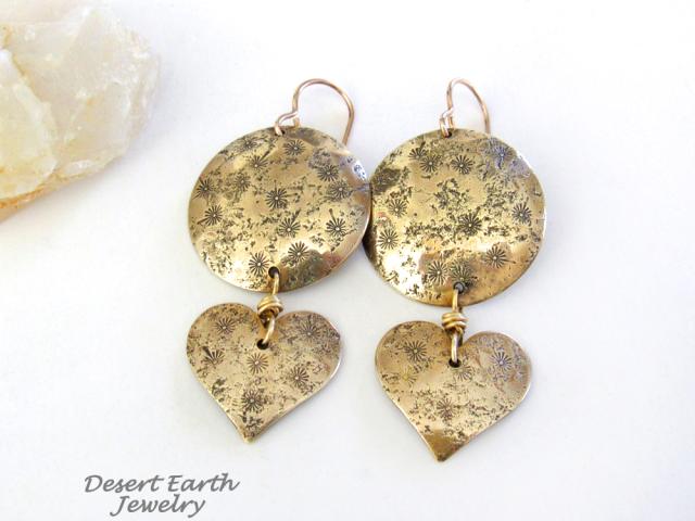 Gold Brass Earrings with Heart Dangles & Hand Stamped Texture - Romantic Jewelry Gifts for Women