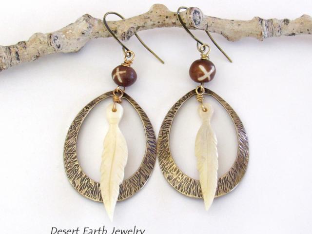 Rustic Textured Brass Hoop Earrings with Bone Feather Dangles and African Batik Bone Beads