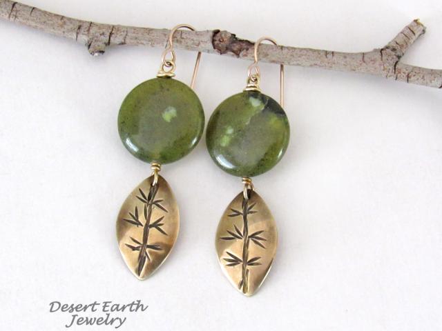 Gold Brass Leaf Dangle Earrings with Green Jade Gemstones - Earthy Nature Jewelry Gifts for Women