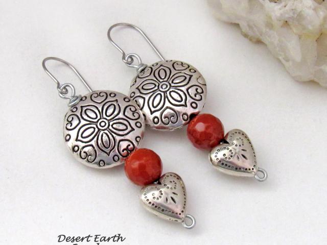 Hearts and Flowers Pewter Earrings with Red Coral and Small Heart Dangles - Unique Valentine Jewelry Gifts for Women - 10th Anniversary Gift for Wife