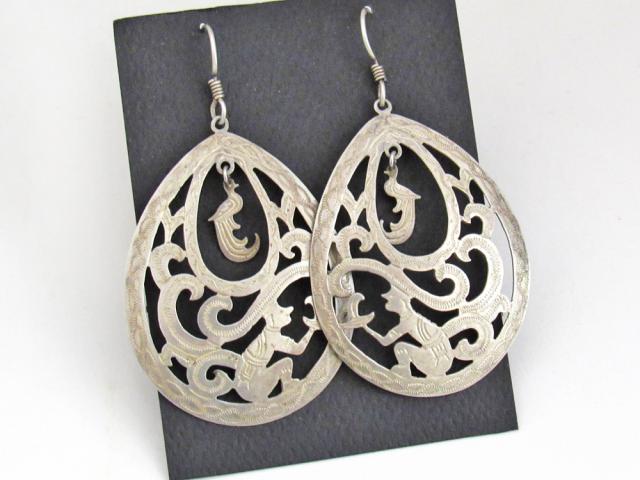 Vintage Guatemalan Peacock & Aztec Warrior Large Silver Filigree Earrings - Bold Cultural Ethnic Incan Mayan Jewelry