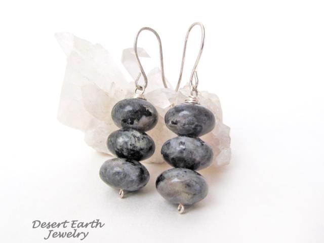 Larvikite Gemstone Dangle Earrings on Sterling Silver Ear Wires - Black Labradorite Norwegian Moonstone Jewelry 