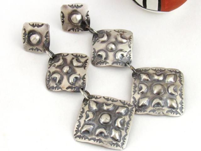 Sterling Silver Big Bold Long Triple Concho Dangle Earrings - Handcrafted Southwestern Native American Jewelry by Tim Yazzie