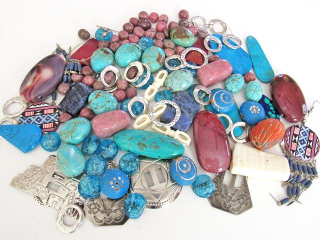Jewelry Making Bead Lot of Mixed Gemstones, Beads, Metal Components, Southwest Conchos in Turquoise, Blue and Pink Hues