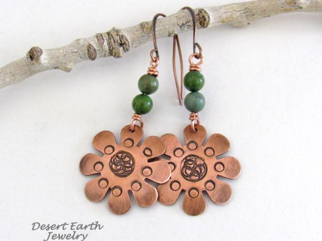 Copper Flower Earrings with Turquoise - Earthy Nature Inspired Handmade Jewelry 