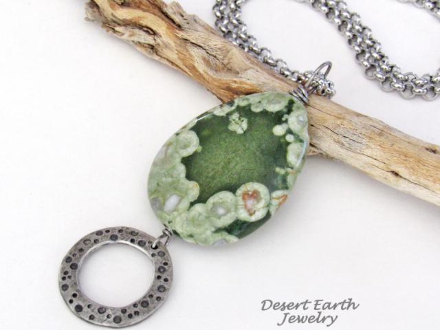Green Rainforest Jasper Stone Pendant with Hand Stamped Silver Pewter Circle Dangle - Handmade Earthy Natural Boho Style Jewe