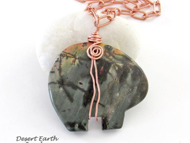 Zuni Bear Red Creek Jasper Stone Pendant on Copper Chain Necklace -  Boho Southwestern Style Jewelry for Men or Women