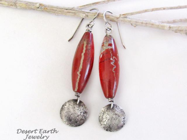 Red Jasper Stone Earrings with Small Sterling Silver Hammered Dangles - Handmade Earthy Natural Stone Jewelry 