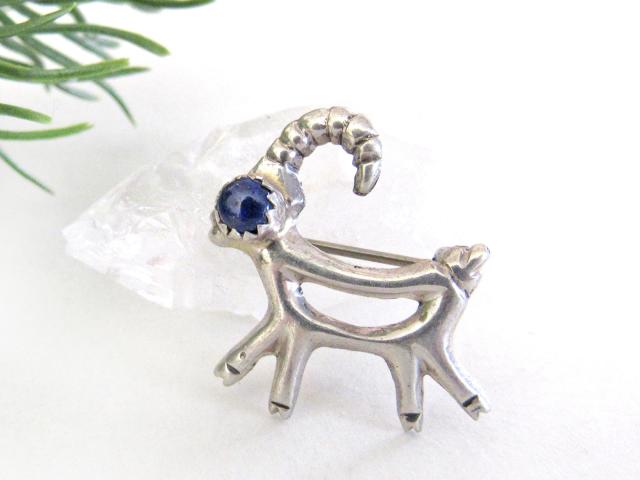 Small Sterling Silver Antelope Reindeer Pin with Blue Lapis Stone - Cute Whimsical Animal Lover Jewelry Gifts