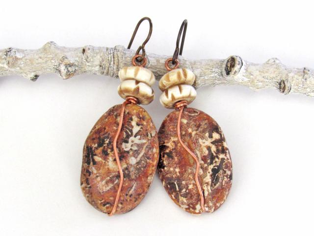 Rusty Brown Agate Earrings Wrapped in Copper Wire - Earthy Natural Stone Jewelry