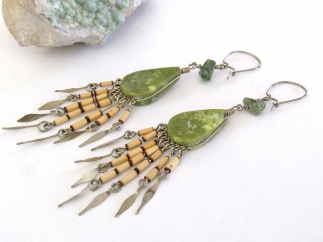 Long Bohemian Gypsy Fringe Dangle Earrings with Green Serpentine Stones - Vintage Boho Hippie Fashion Jewelry