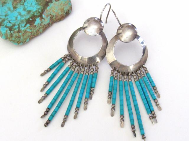 Southwestern Sterling Silver & Turquoise Earrings with Long Fringe Dangles - Vintage Southwest Jewelry