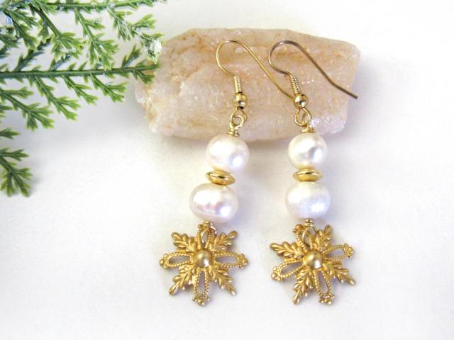 White Pearl and Gold Brass Snowflake Dangle Earrings - Elegant Modern Classic Chic Jewelry Gifts for Women