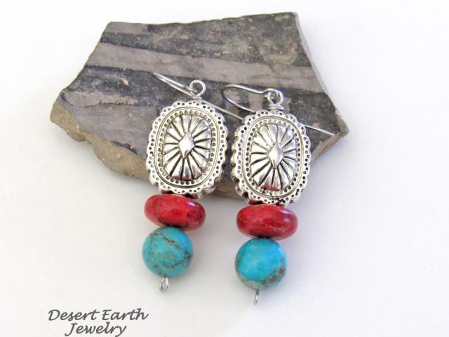 Southwest Concho Earrings with Turquoise & Red Coral - Handmade Boho Southwestern Style Jewelry