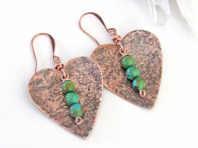 Rustic Copper Heart Earrings with Dangling Turquoise Stones