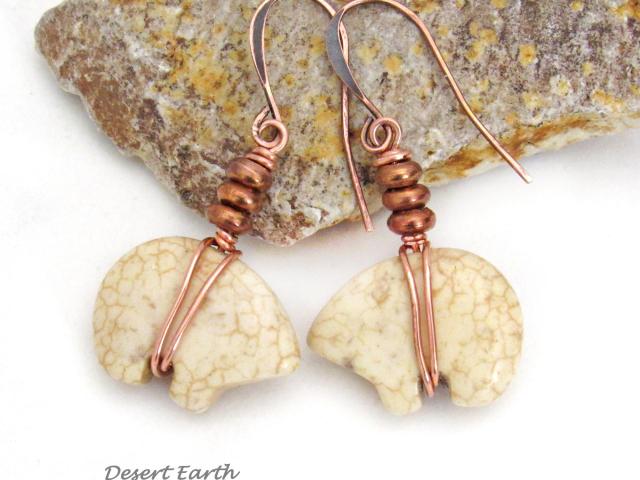 Small Zuni Bear Carved Stone Earrings with Copper Beads - Boho Tribal Native Style Southwestern Jewelry Gifts for Women
